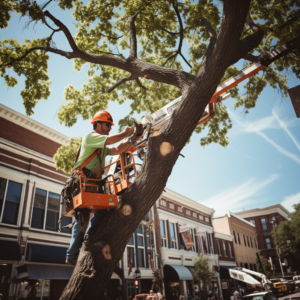 commercial tree service arborist performing tree maintenance at a commercial property